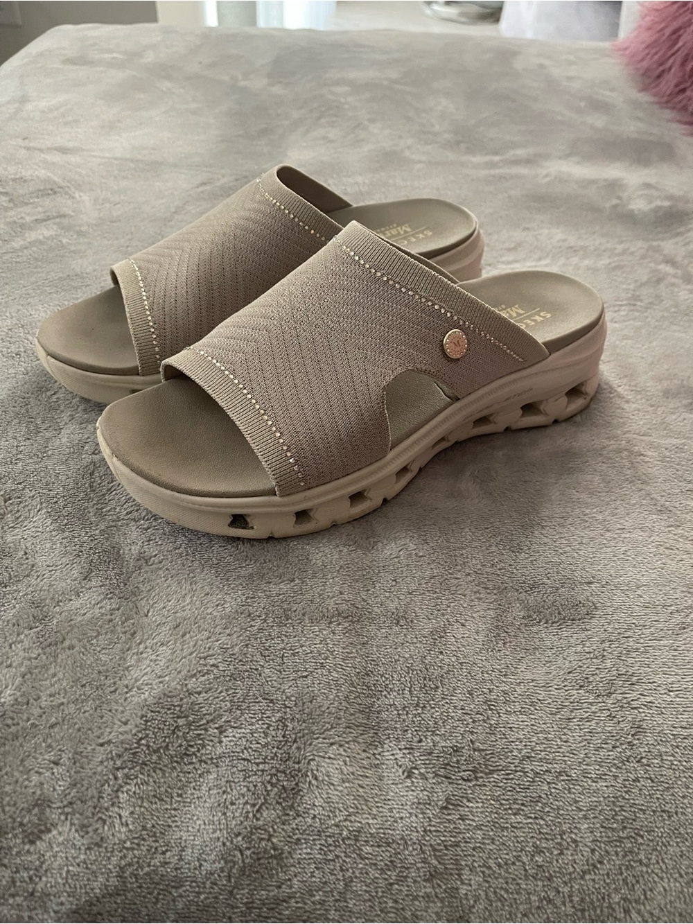 Skechers Women's Slip-On Knit Slide Sandals in Taupe with sparkly diamonds